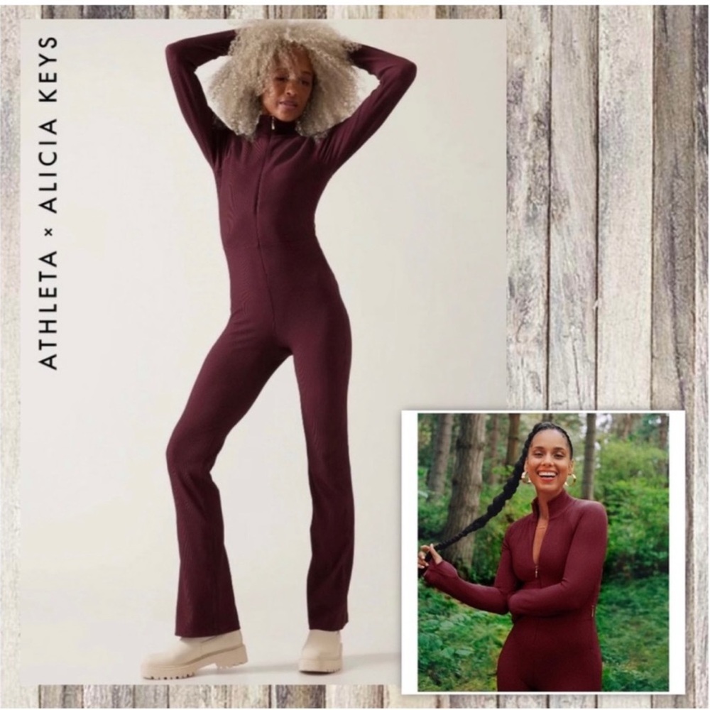 Athleta × ALICIA KEYS Goddess Bodysuit Flare Ribbed Full Zip Maroon XS